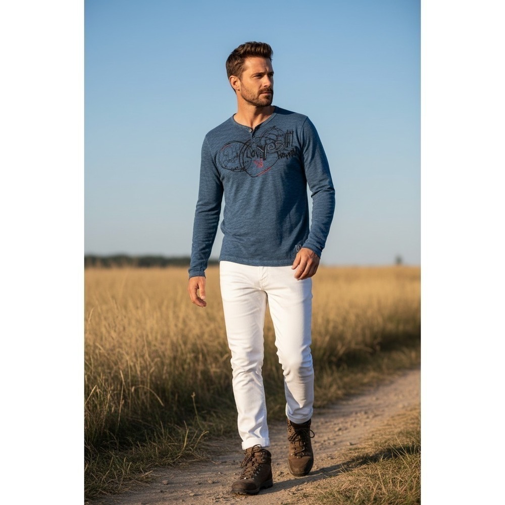 Desigual Mens Henley Shirt M NWOT Blue Grey Graphic Embroidered Boho Art L/S